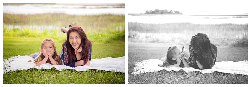 Mommy and daughter laying on the grass at Habersham in Beaufort South Carolina