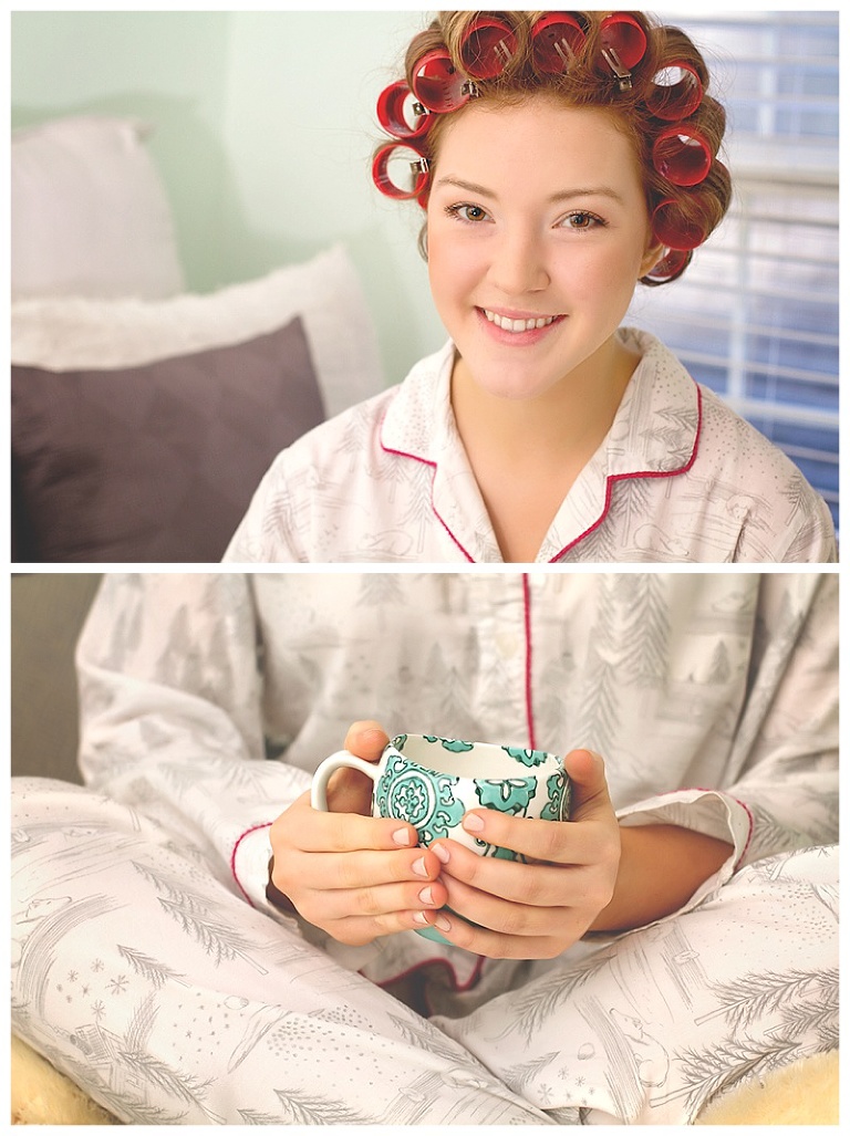 Senior session in her bedroom with a hot cup of coffee, pajamas some hair rollers