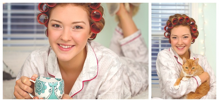 Beaufort academy senior with her coffee and her orange cat wearing her pjs