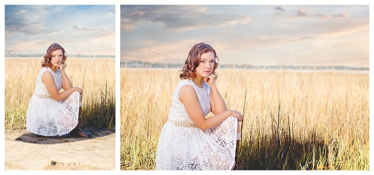 beaufort senior in the marsh grass field wearing a white dress