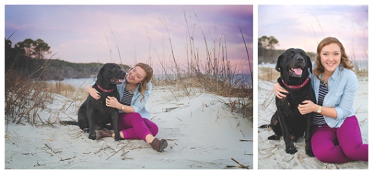 beaufort academy senior on the beach at hunting island with her dog, a black lab
