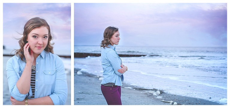 beaufort academy senior on the beach at hunting island with a purple sunset