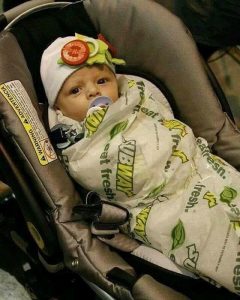 Baby Wrapped in Subway Sub Paper for DIY Costume